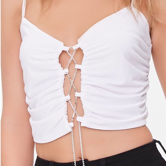 Black Rhinestone Lace-up Crop Top - Picture 1 of 3